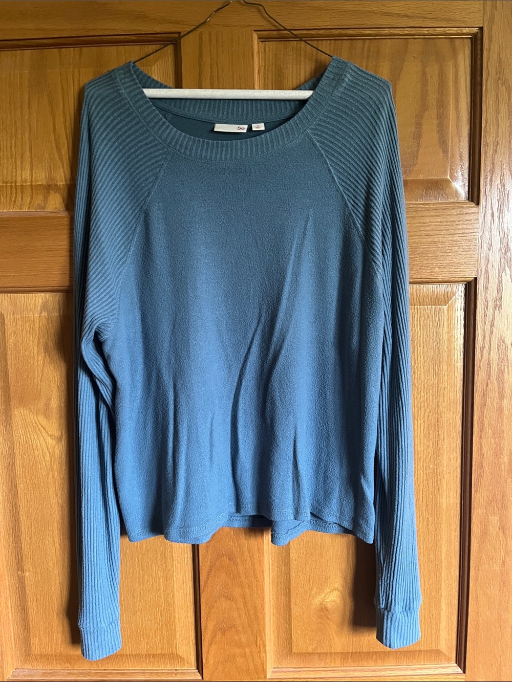 SO Teal Blue Ribbed Shoulder Long-Sleeve Top